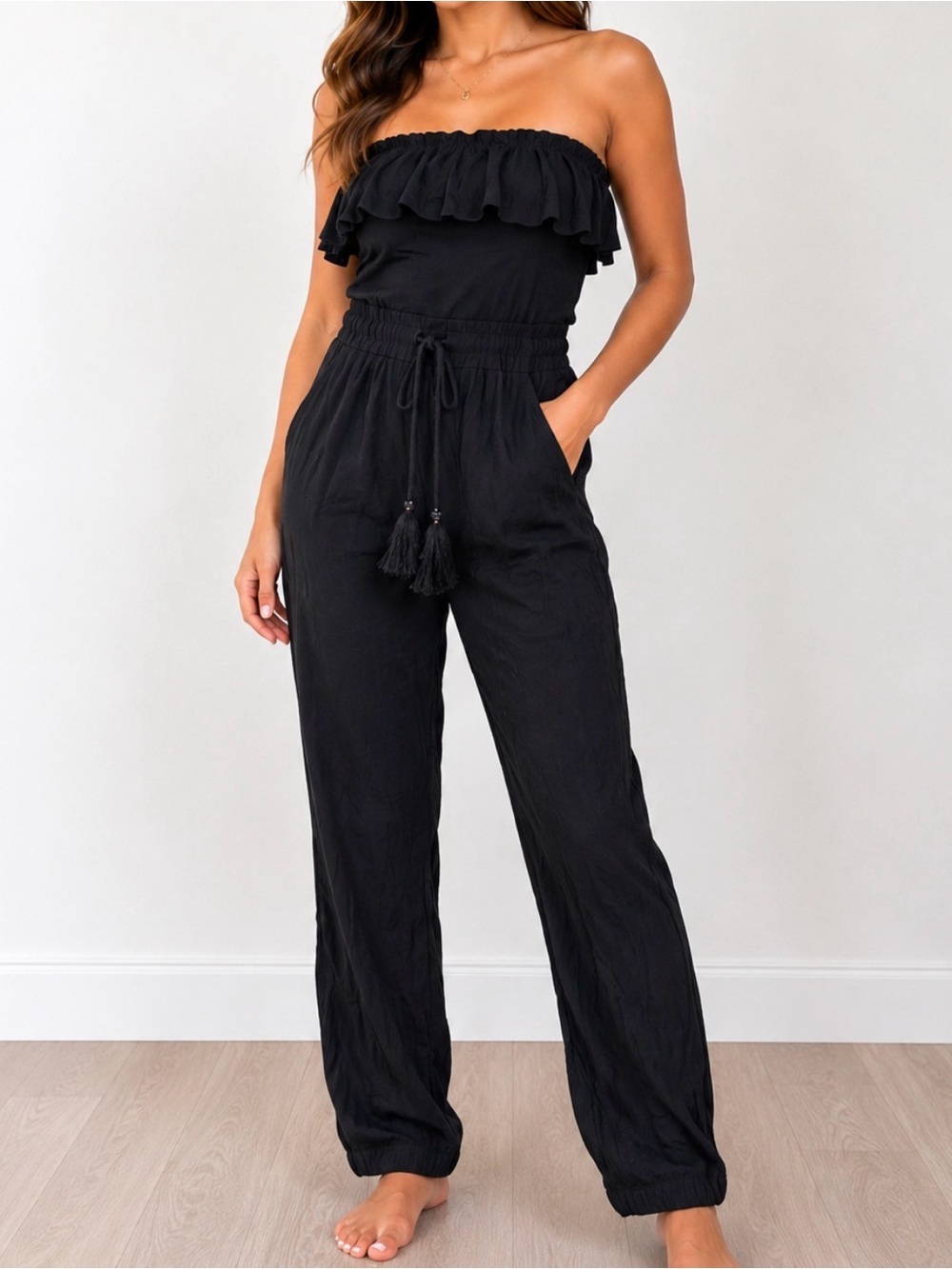 White House Black Market WHBM Off-Shoulder Black Jumpsuit with Tassel Waist SZ 6
